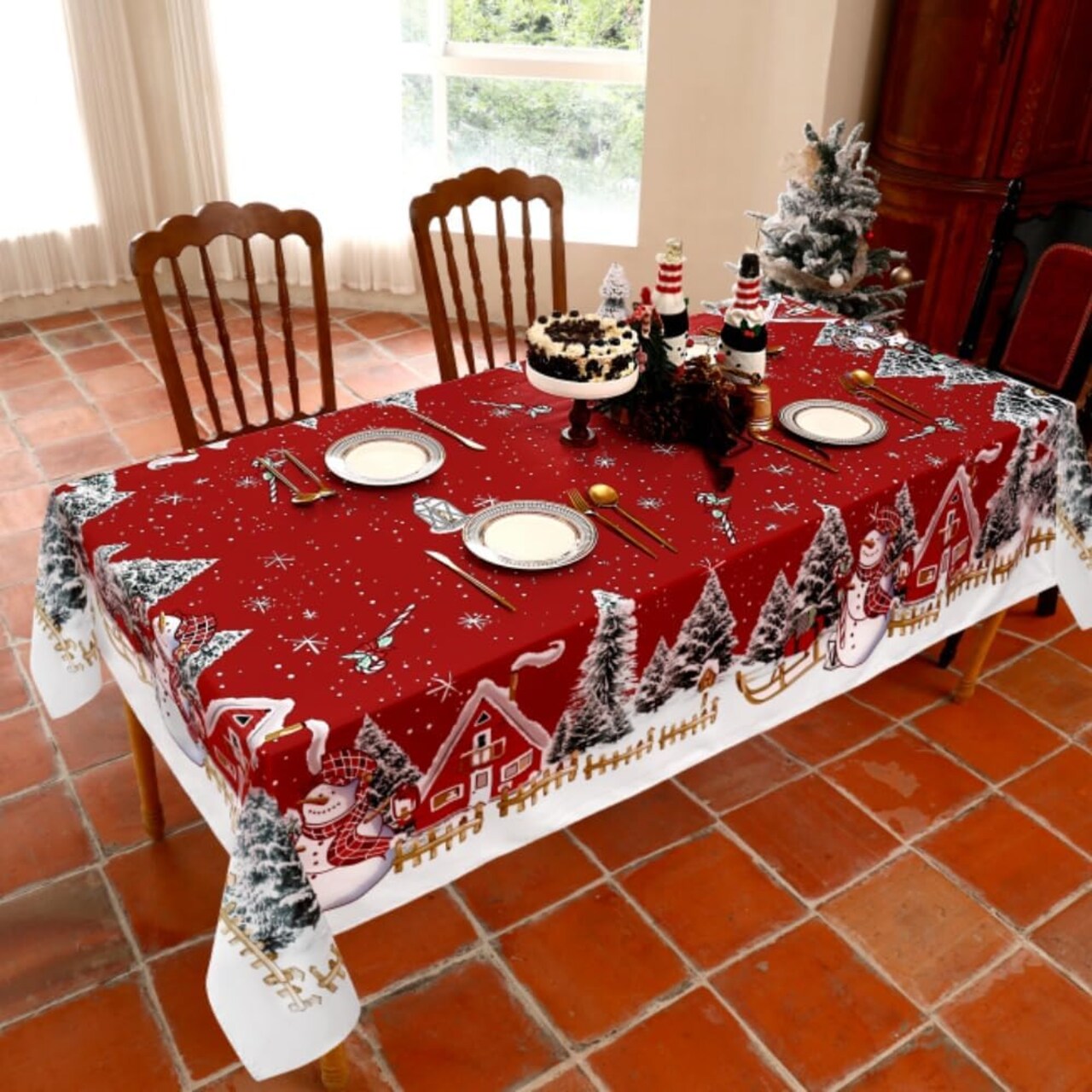 Christmas Tablecloth Red Tablecloth 60x84 Inch fit for Christmas Rectangle Tablecloth Decor Festive Party Waterproof Tablecloth Christmas Decorations Christmas Table Runner (Snowman)